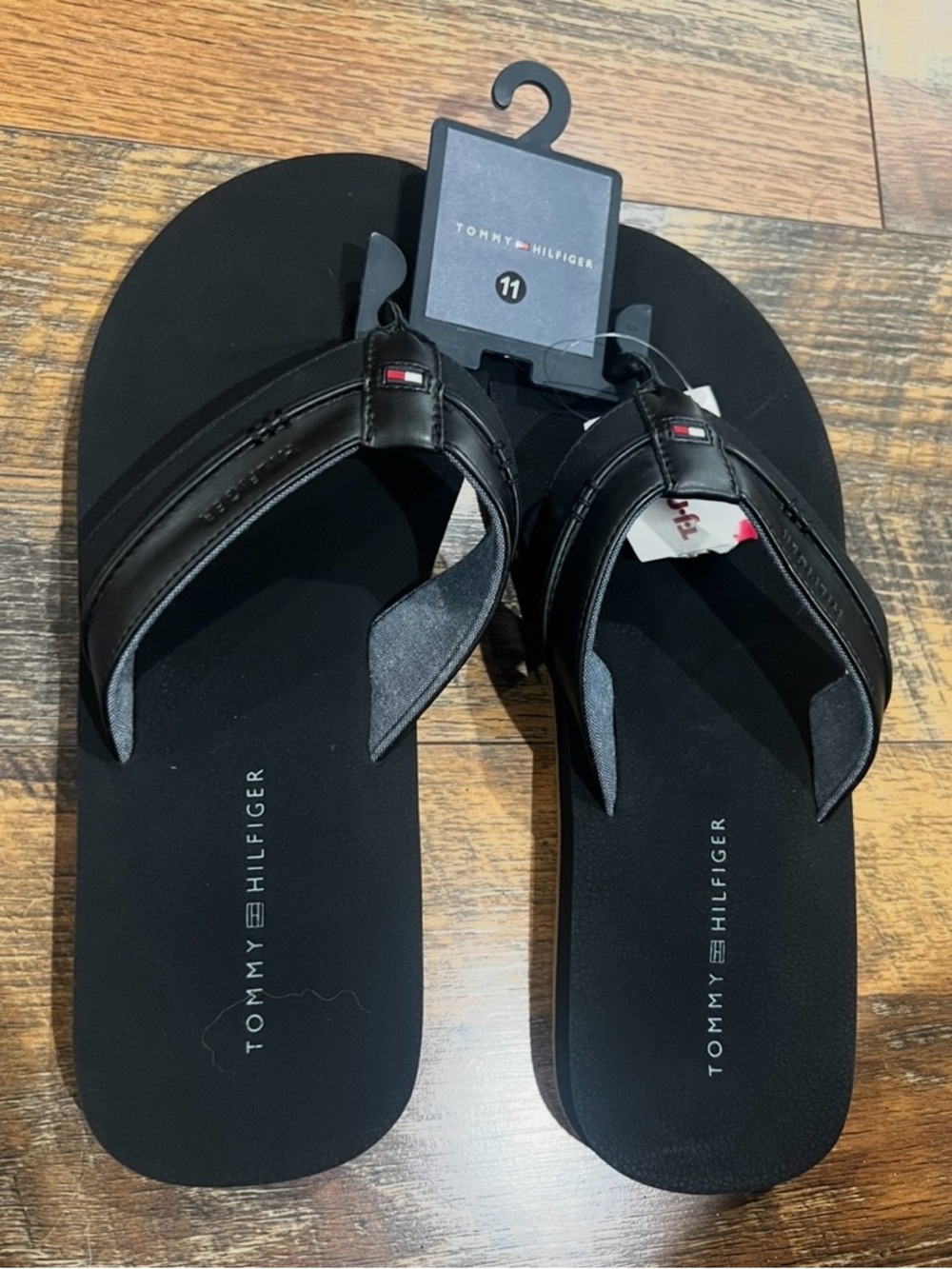 Tommy Hilfiger Navy Blue Mens Leather-Trim Flip Flops Size 11